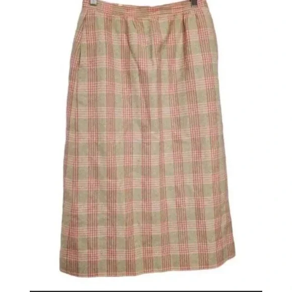 VTG Pendleton Skirt Vintage Sz 12 Wool Plaid Pencil Beige Pink Lined Zip Side - Picture 1 of 4